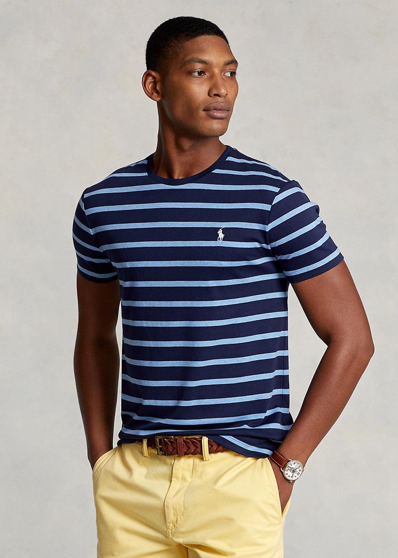 Camiseta Polo Ralph Lauren Hombre Custom Slim Striped Soft Cotton Chile Azul Marino UPRFO-2493